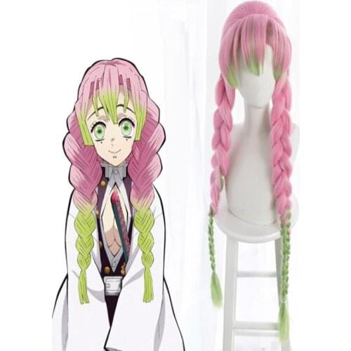 Kanroji Mitsuri Anime Demon Slayer: Kimetsu No Yaiba Women Cosplay Wig Green Pink Colorful Hair Braids Hair + Free Wig Cap