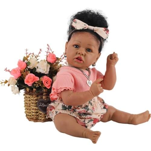 58CM Reborn Toddler Lifelike Saskia In Dark Brown Skin African American Cuddly Baby Girl Doll Hand-rooted Hair Reborn Baby Girl