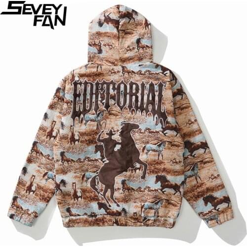 SEVEYFAN Mens Cartoon Horse Bear Embroidery Jackets Fashion Loose Zip Up Hooded Coat for Couples