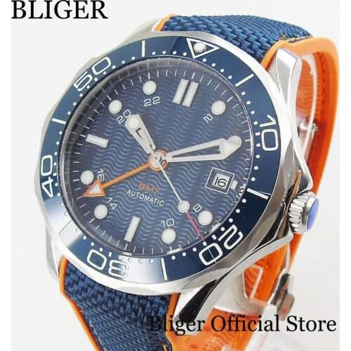 BLIGER Brand Mens Watch With Automatic GMT Movement Date Window Sapphire Glass