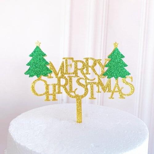 New Merry Christmas Cake Topper Glitter Let it Snow Acrylic Cupcake Topper for Xmas Party Cake Decorations Christmas Tree Decor