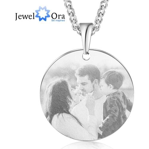 JewelOra Customized Photo Round Pendant Necklace Stainless Steel Engraving Name Necklaces Personalized Gifts for Men Family