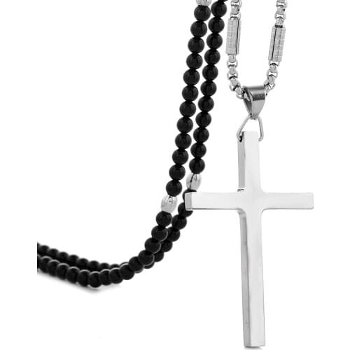 Simple Stainless Steel Cross Pendant Necklace with Black Natural Stone Necklace 27 inch Chain