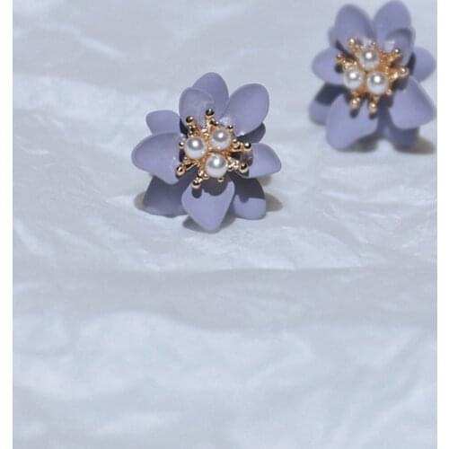 Ears Clips Temperament Korean Style Summer Sweet Gray Small Purple Flowers Pearl Clip Earrings Without Piercing