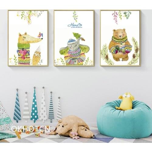 Cartoon Animals Elephant Bear Mouse Nordic Modern Scandinavian Posters Decoration On The Wall Canvas Paintings For Living Room