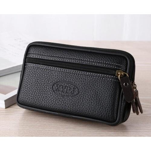 Mens Leather Double Layer Phone Waist Bag Outdoor Sport Hiking Climbing Belt Purse Waist Bag Brand Male Case Phone Bags wallet