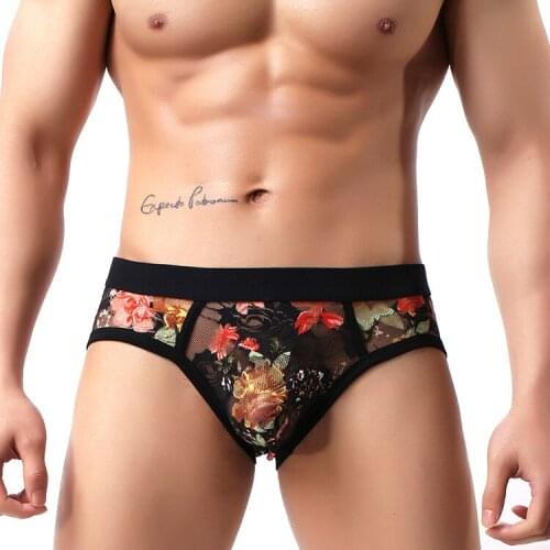 Mens Briefs Sexy Low Rise Lace Briefs See Through Breathable Underpants Floral Pattern Male Underwear Intimates Underpants