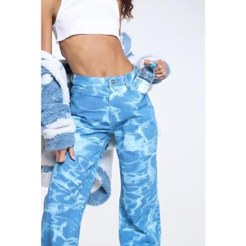 Vintage Tie-Dye Straight Womens Jeans Autumn 2021Y2K Blue Printed High Waist Loose Pocket Elegant Casual Trousers Streetwear