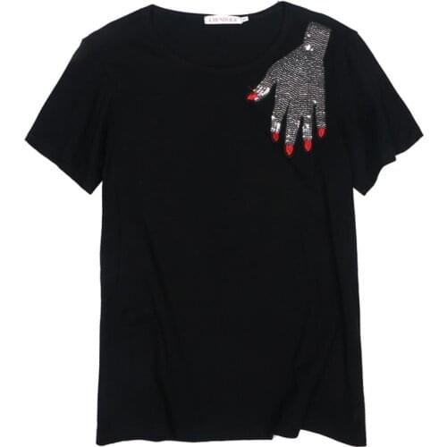 Sequined short-sleeved t-shirt women bf style summer loose o-neck cotton top tees plus size 3XL