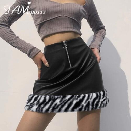 Y2k Zebra Print Feathers Patched Womens Straight Skirt Harajuku Aesthetic Zipper Leather Bodycon Mini Skort Punk 90s Iamhotty