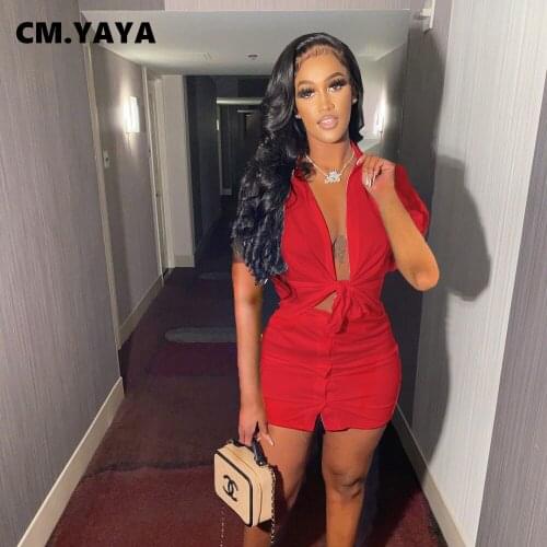 CM.YAYA Women Set Short Sleeve Turn-down Collar Tops Button Sheath Elastic Mini Skirts Two Piece Set Female Tracksuit Outfit