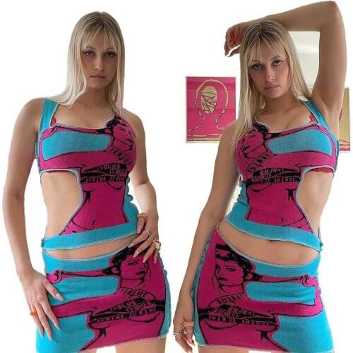 2021 New Fashion Women’s Summer Sleeveless Dress Fashion Character Pattern Square Collar Hollow Tight Short Dress