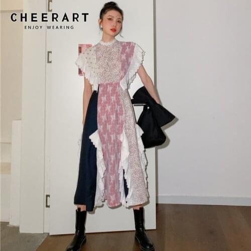 CHEERART Vintage Patchwork Long Summer Dresses For Women 2021 Ruffle Sleeveless Tunic Midi Ladies Dress Designer Fashion Clothes