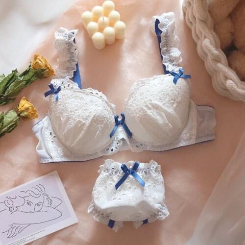 Womens underwear fresh hollow petal lace embroidery cotton bra set with steel ring gather lingerie panty suit plus size