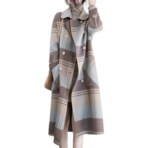Woolen Coat Female 2021 Winter New Plaid Korean Loose Padded Double Breasted Long Turndown Collar Fashion Womens Jacket X193