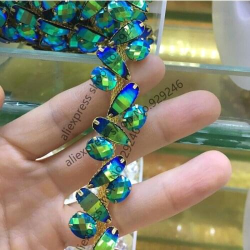 1 yard 2.5cm blue yellow effect black AB resin rhinestone gold chain sewing-on garment dancing dress shoes bags embellishments
