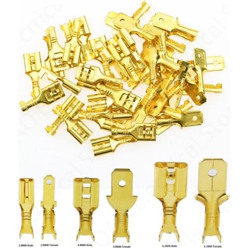100Pcs/lot 2.8/4.8/6.3mm Female and male Crimp Terminal Connector Gold Brass/Silver Car Speaker Electric Wire Connectors Set