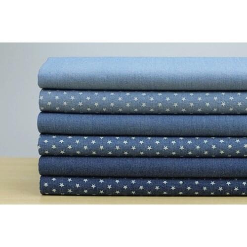 Pure Cotton Washing Solid Color Heart Dot Stars Printing Denim Fabric DIY Handmade Cloth