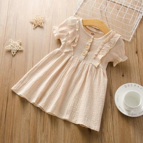Kids Baby Girl Autumn Ruffles Long Sleeve Solid Cotton Linen Party Casual Dress Clothes