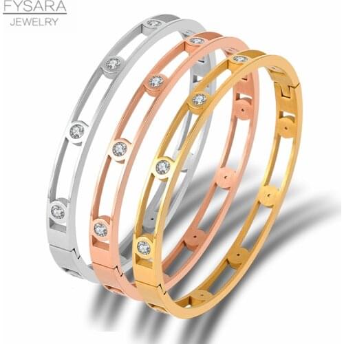 FYSARA Delicate Hollow Round Crystals Bracelets & Bangles Titanium Steel Bangle Gold Classic Jewelry For Women