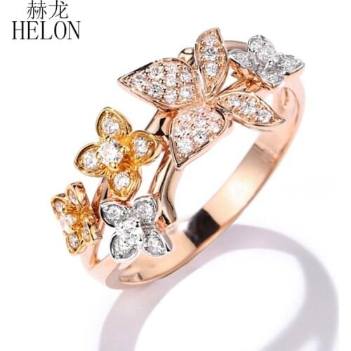 HELON Solid 14k Gold Certified Round SI/H Natural Diamonds Ring for Women Three Color Gold Engagement Trendy Unique Jewelry Ring