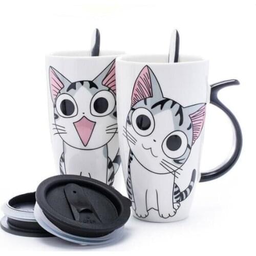 600ml Creative Cat Ceramic Mug With Lid and Spoon Cartoon Milk Coffee Tea Cup Porcelain Mugs Nice Gifts