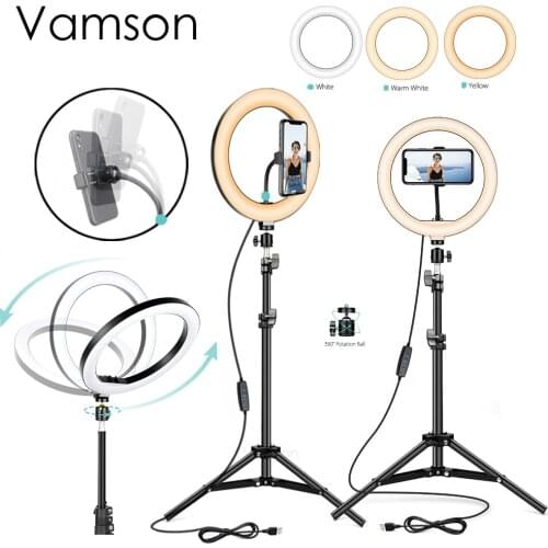 Vamson 10 Ring Light Kit Dimmable LED Ring Light, Light Stand, with Tripod Stand & Cell Phone Holder for Live YouTube VLS06B