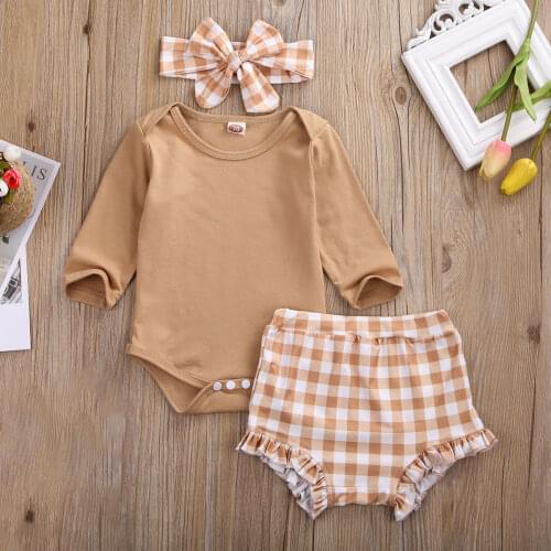 Pudcoco Newborn Baby Girl Clothes Solid Color Long Sleeve Romper Tops Plaids Short Pants Headband 3Pcs Outfits Cotton Clothes