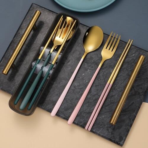 3Pcs Set of Chopsticks Spoons Portable 304 Stainless Steel Tableware Fork with Storage Case Western Dinner Tools