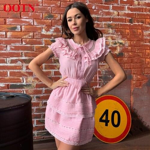 OOTN Round Neck Purple Ruffle Lace Dress Short Sleeve Pleated Party Womens Dresses Summer Elegant Mini Dress Ladies White 2020