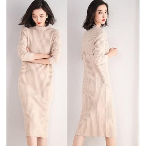 Autumn Winter Dress Women Knitted Long Sleeve Dress Long Dress Casual Jersey Dress