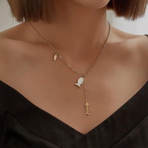 River Fish Lariat Necklace Fish Bone Y-necklace Stainless Steel Jewelry for Her Fishing Choker Fish Lariat Necklace WF28D-3PV