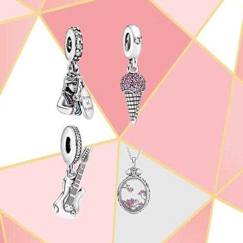 2021 High Quality New S925 Sterling Silver Electric Guitar Necklace Ice Cream Pendant Round Hollow Charm DIY Original Female