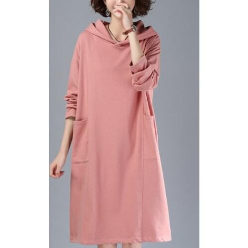 Pink Hooded dress Womens Autumn new Long sleeve Cotton Medium and long section dress Casual Loose A-Line dress