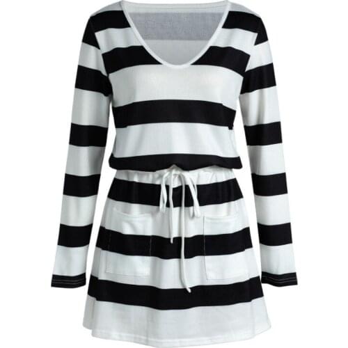 Women Spring Autumn Dress, Stripe V-Neck Long Sleeves Drawstring Waist Casual Skirt with Pockets for Girls, 6 Colors