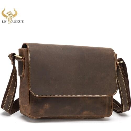 Thick Crazy Horse Leather Male Retro Travel Messenger bag Designer Satchel 13" Laptop Bag Cross-body Shoulder bag For Men 6035