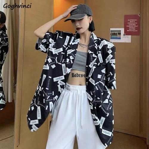Shirts Women Retros Print Short Sleeve Summer Vintage Design Turn Down Collar Casual Streetwear Couples Bf Korean Style Unisex