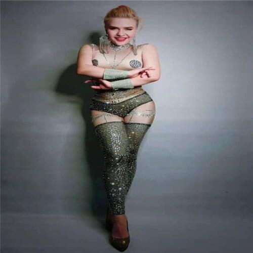 Y92 Sleeveless sexy jumpsuit women false hollow out full diamonds bodysuit stretch crystal costume dance wear party clothe bar