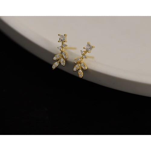 S925 Sterling Silver 14K Gold Plated Zircon Leaves Stud Earrings Korean Flower Plant Earrings