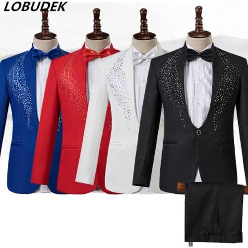 Stand Collar Rhinestones Mens Suit Fashion Embroidery Blazer Slim Set Chorus Team Singer Dancer Host Stage Costume Red Suits