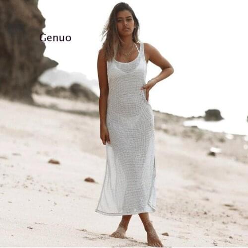 Knitted Bikini Cover-Ups Long Beach Dress Women 2021 Summer Fashion White Swimsuit Cover Up Plus Size Split Tunics for Women Xl