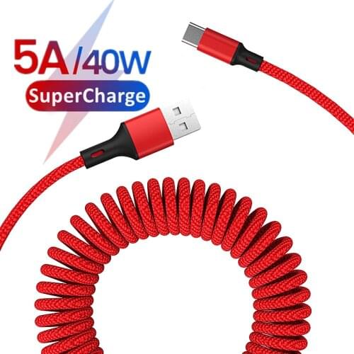 5A Super Fast Charge USB Fast Charging Cable 1.5m Spring Data Cable Type C Car Charger For Samsung Xiaomi Huawei MATE 40 P40