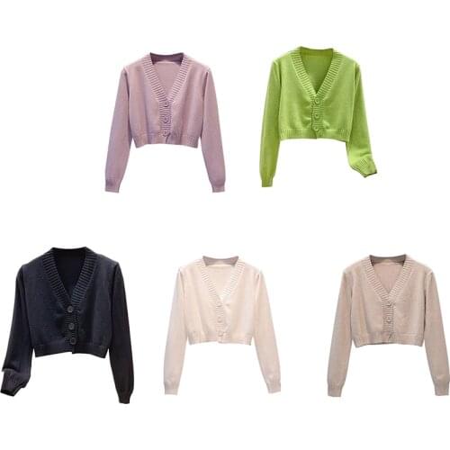 Knitted Cardigan Autumn Women Coats Long Flare Sleeve Short Sweater Female Ribbed Cotton Tops 5 Colors Ladies Outwear