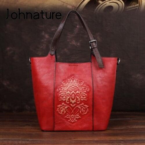 Johnature Retro Luxury Handbags Women Bucket Bag 2020 New Vintage Large Capacity Floral Cowhide Handmade Embossing Shoulder Bags