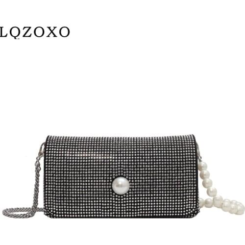 Black Color Rhinestones Women Evening Bags Pearl Chain Shoulder Handbags New Design Soft Cover Crossbody Purse