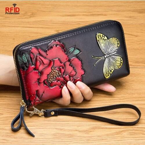 Leather Wallet women Genuine leather Long Coin Purse with Card holder Cash Compartment Photo Holder Zipper Wallet Butterfly