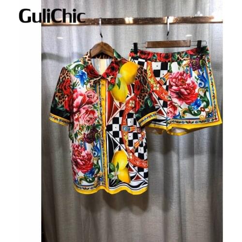 4.14 HIGH END QUALITY Vintage Lapel Contrast Color Print Shirt Blouse + Shorts Women 2 Piece Set