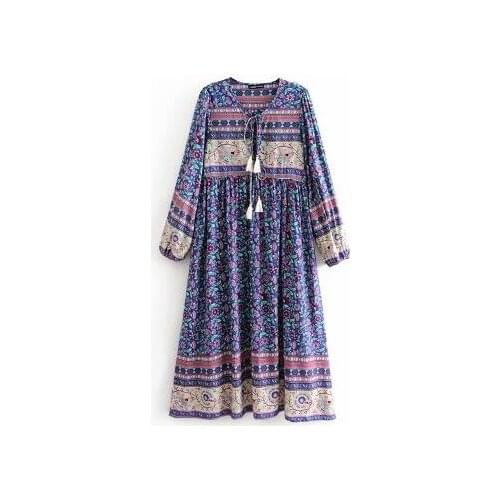 Womens autumn Thailand holiday flower print chest tie dress female loose chic lantern sleeve pullovers mid-length dress TB3957
