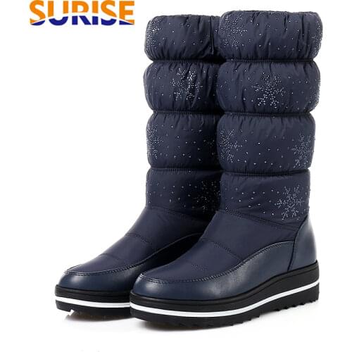 Plus Size 44 Winter Warm Plush Women Snow Boots Flat Heels Round Toe Black Crystal Flake Platform Waterproof Down Mid-calf Boots
