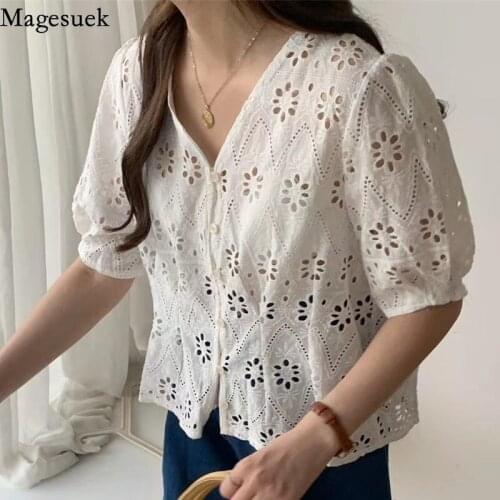 2021 New Hollow Embroidery V-neck Women Top Summer Short-sleeved Buckle Sweet Shirt Casual Loose White Blouse Blusas Mujer 14243